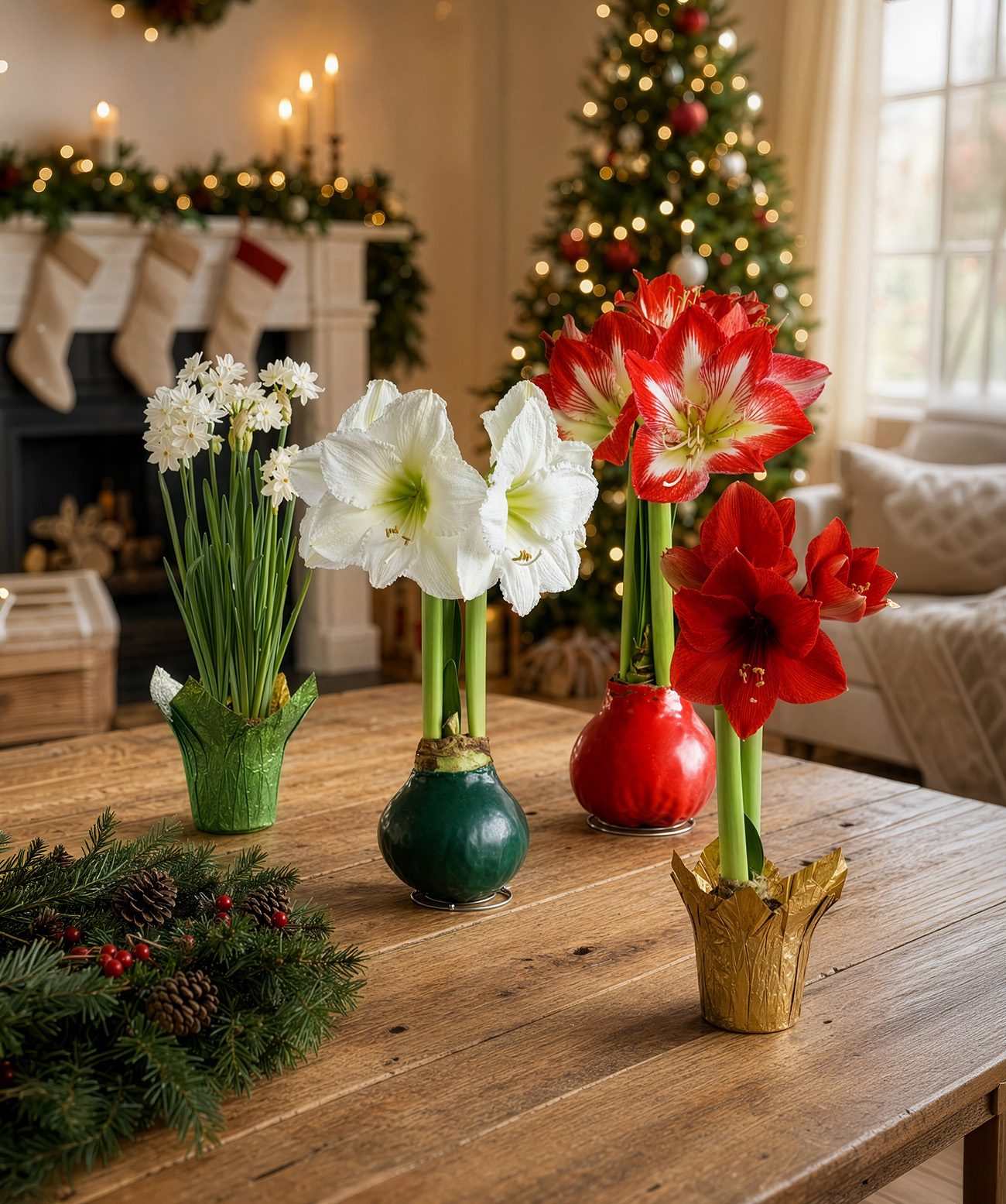 Waxed amaryllis, pre-planted amaryllis and paperwhites from the Holiday Blooms catalog